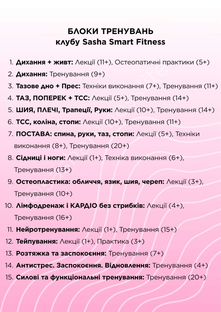 БЛОКИ ТРЕНУВАНЬ клубу Sasha Smart Fitness
